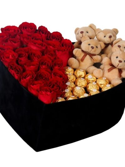 Dev Kadife Kalp Kutuda Ayıcıklı Rocherli Kırmızı Gül