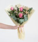 Krem Leopar Bukette 3 Pembe Gül ve Hüsnüyusuflar