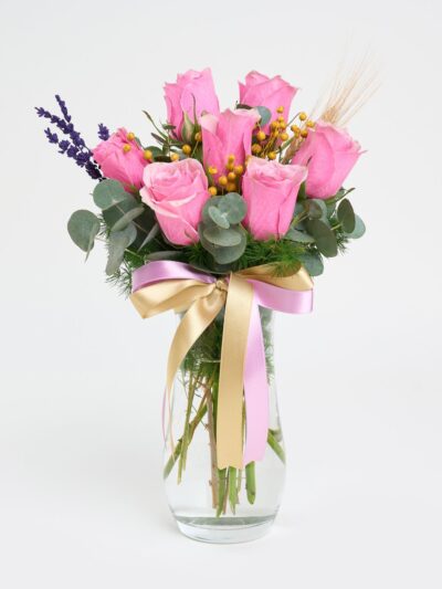 Kristal Cam Vazoda 7 Pembe Gül