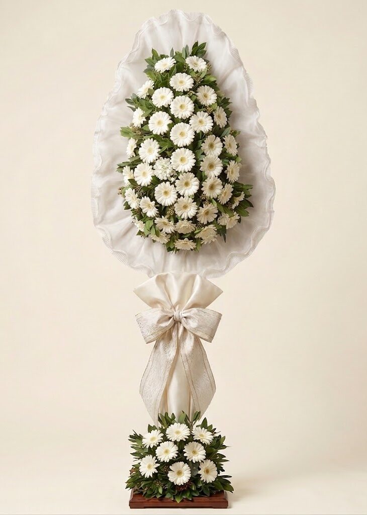 Tek Katlı Büyük Beyaz Gerbera Çiçekli Çelenk